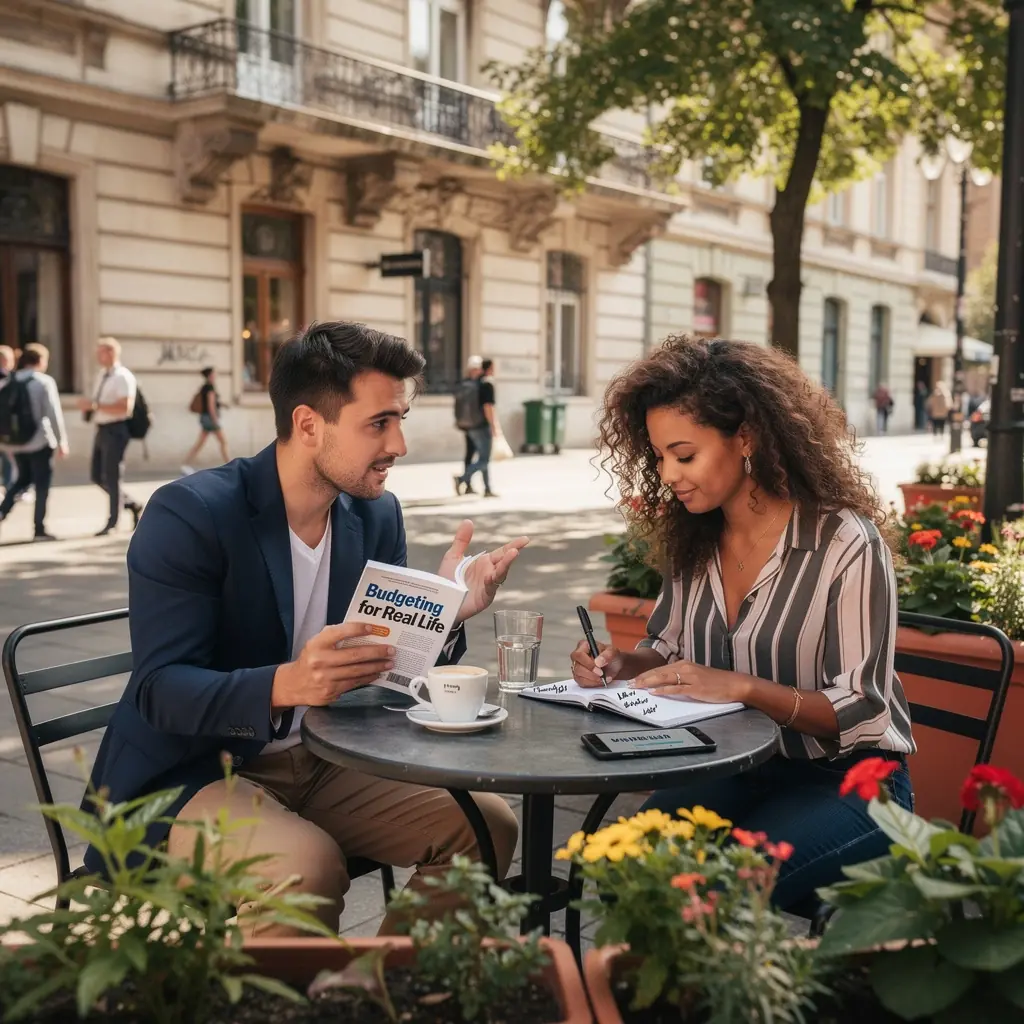 Kávézóban pénzügyi könyv olvasása közben.